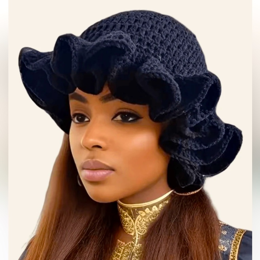 Crochet Ruffle Trim Knitted Beanie Hat